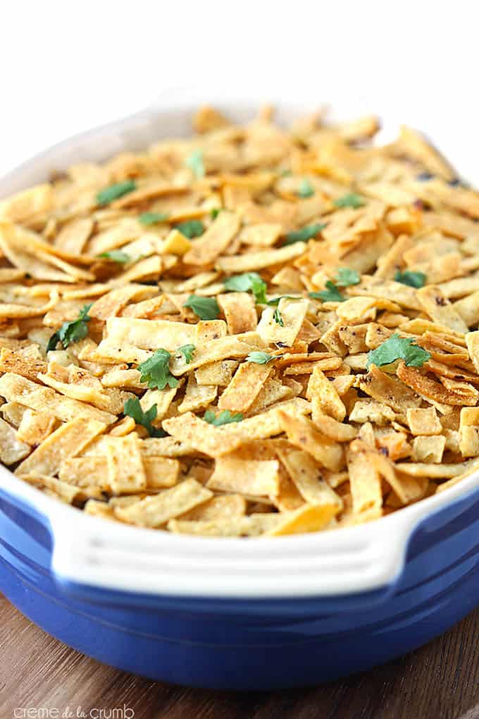 close up of tex mex chicken bake in a serving tray.