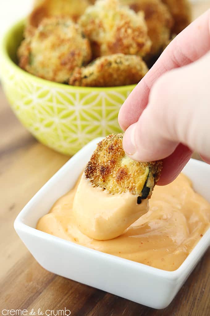 a hand dipping a oven baked zucchini fry in dipping sauce with more fries in a bowl faded in the background.