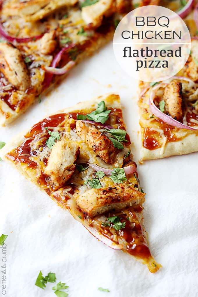 a slice of bbq chicken flatbread pizza next to the rest of the pizza with the title of the recipe written on the top right corner of the image.