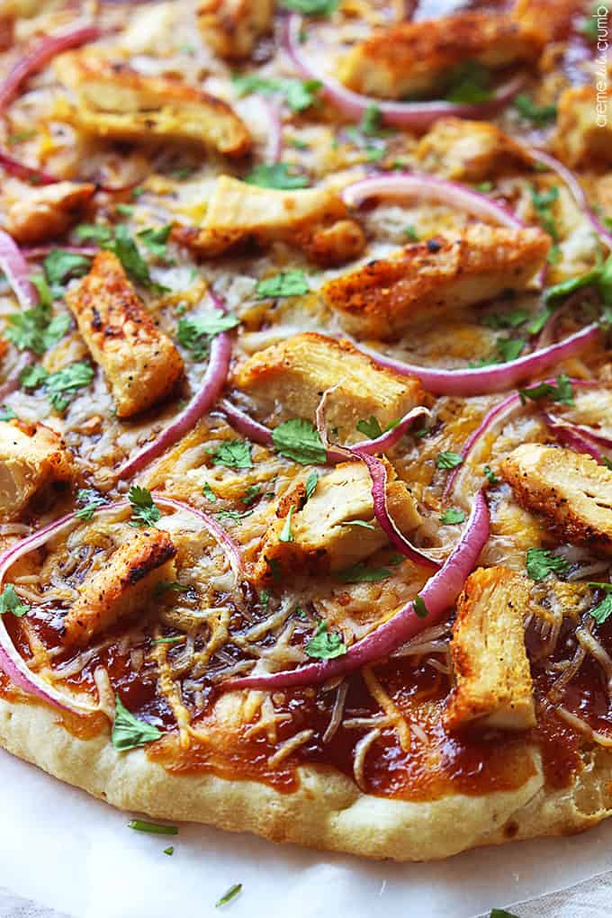 close up of bbq chicken flatbread pizza.