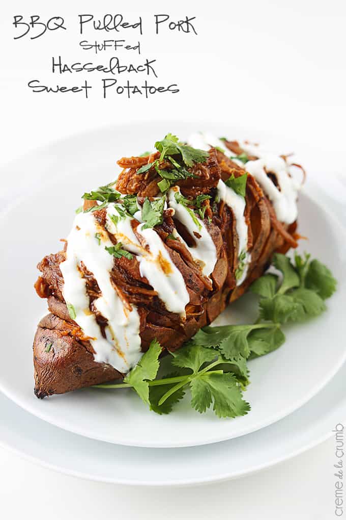 a bbq pulled pork stuffed hasselback sweet potato on a plate with the title of the recipe written on the top left corner of the image.