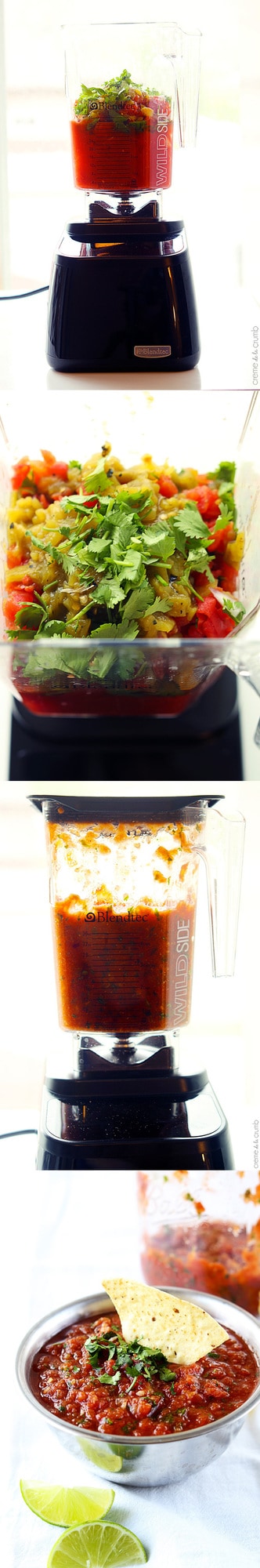 four images with blender salsa in a blender and in a metal bowl with a chip in it.