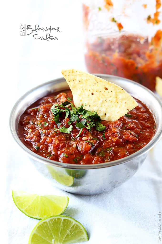 blender salsa in a metal bowl with a chip with the title of the image on the top left corner of the image.