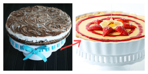 a side by side image of cakes on a cake pedestal tray.