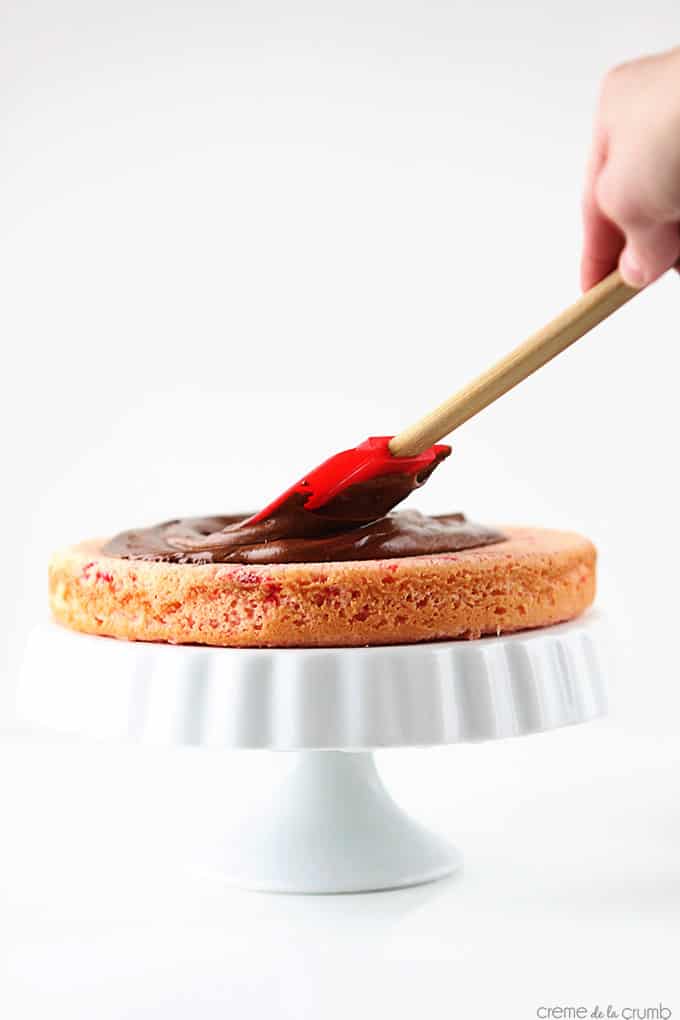a layer of cherry chip cake on a cake stand with a hand spreading chocolate ganache frosting on top with a spatula.