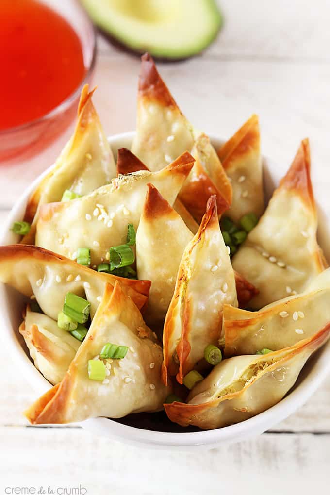 top view of oven baked crab avocado wontons in a bowl.