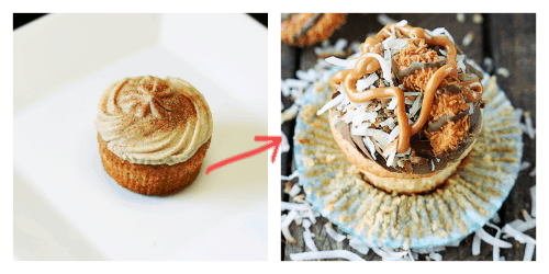 a side by side image of a cupcake with frosting on top with an arrow pointing to the other cupcake with it's liner opened and topped with caramel, coconut, and a Samoas cookie.