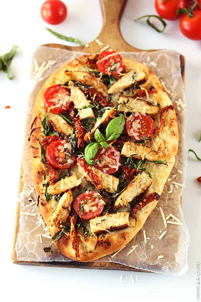 top view of chicken Florentine flat bread pizza.