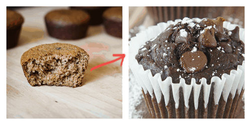 side by side image of a plain muffin with a bit taken out of it with an arrow pointing to the other image of a muffin with chocolate chips and powdered sugar on top.