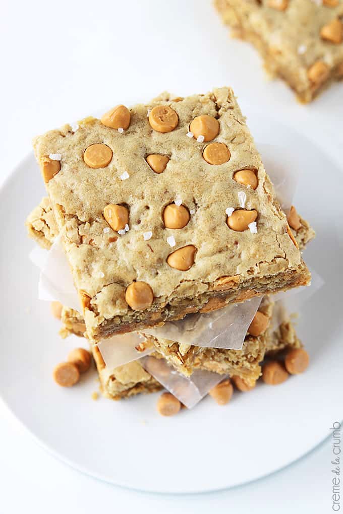 top view of oatmeal butterscotch blondies on a plate.