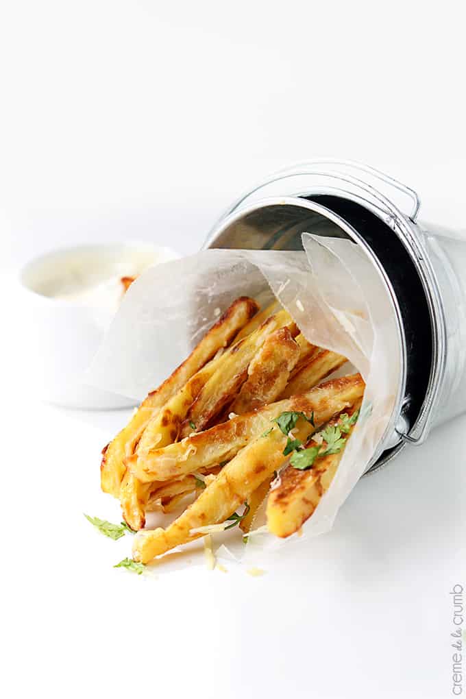 garlic parmesan oven fries in a small metal bucket tipped on it's side with dipping sauce in a small bowl faded on the side.