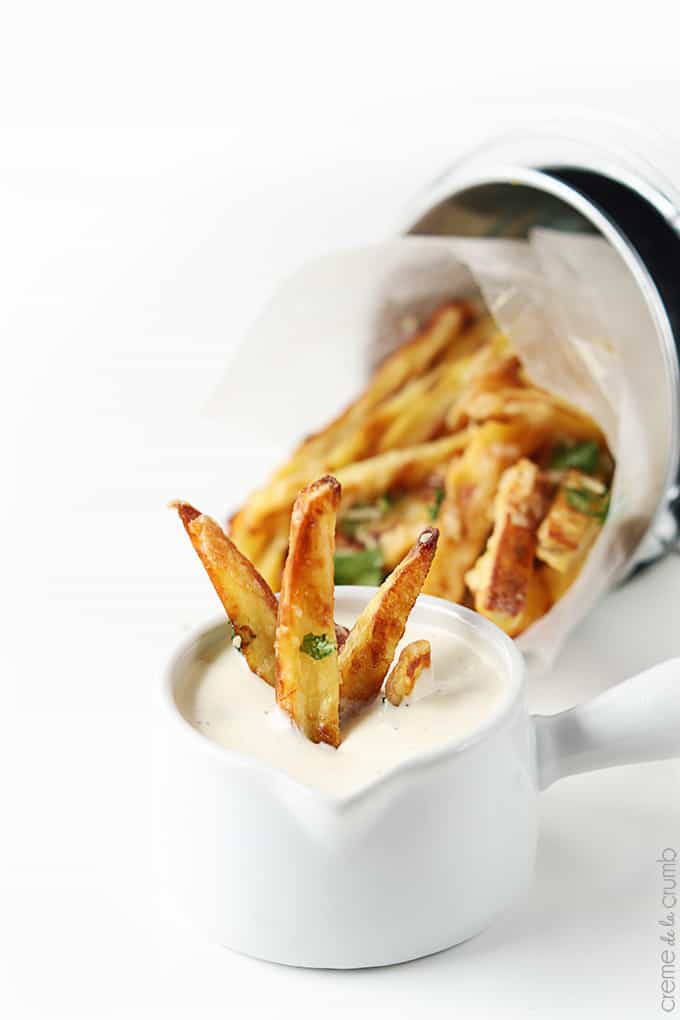 garlic parmesan oven fries in a small bowl of dipping sauce with more fries in a metal bucket tipped on it's side faded in the background.