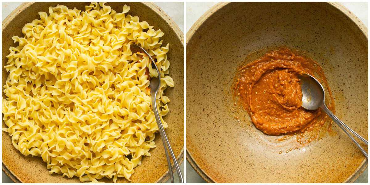 Steps 1-2 for making sesame noodles.