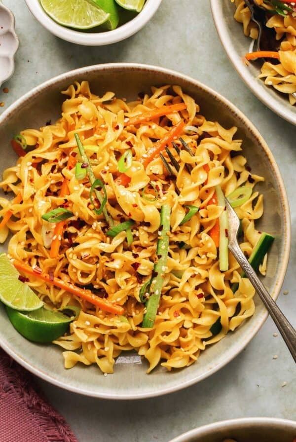 Overhead of sesame noodles and a fork in a pasta bowl.