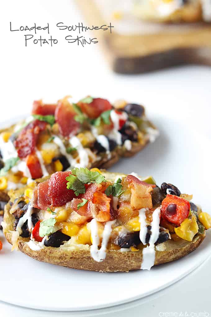 Southwest loaded potato skins on a plate with the title of the recipe written on the top left corner of the image.