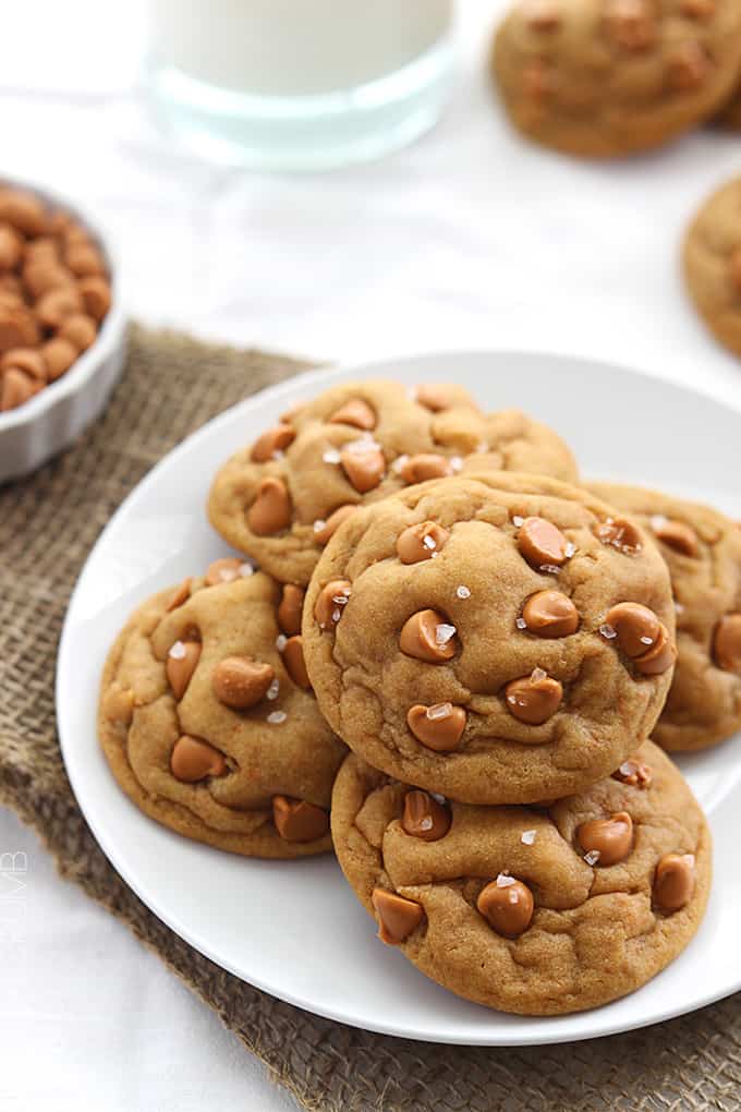 butterscotch chip pudding cookies on a plate.