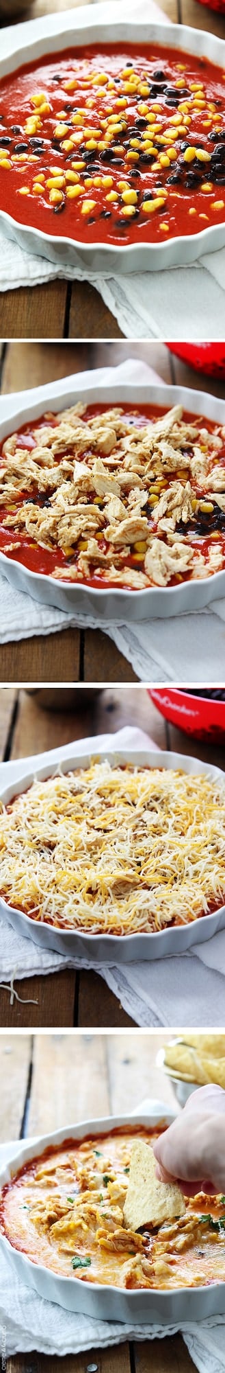 four way image of chicken enchilada dip in a serving dish being prepared and finally a hand dipping a chip in it.