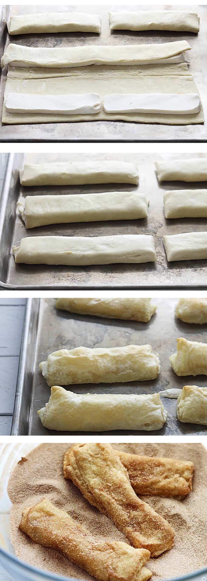four images of dough being rolled baked and dipped in cinnamon.