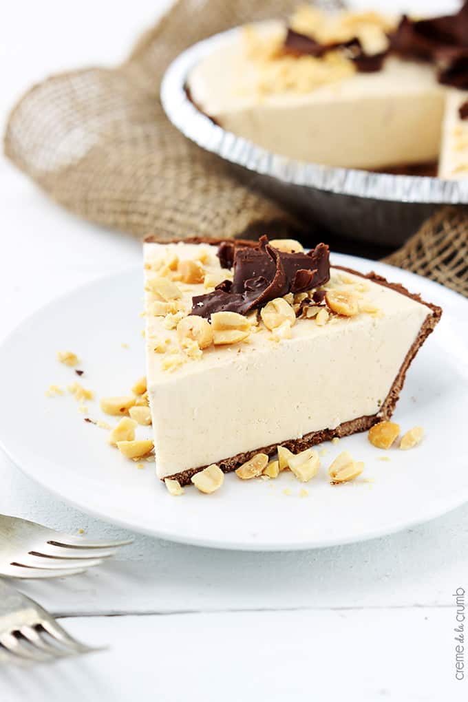 a slice of frozen peanut butter pie on a plate with more pie in a pie tin faded in the background.