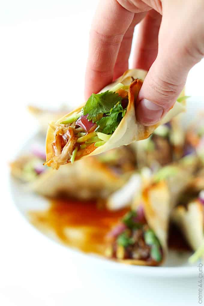 a hand holding a Hawaiian bbq pork wonton taco with more tacos on a plate faded in the background.