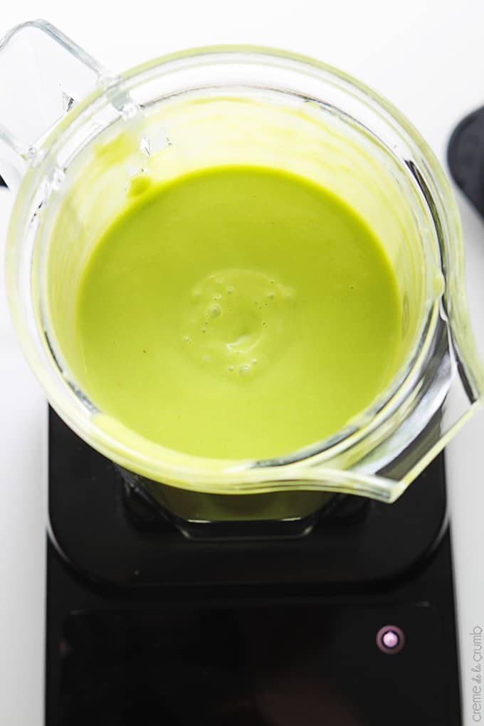 top view of He-Man green smoothie in a blender.
