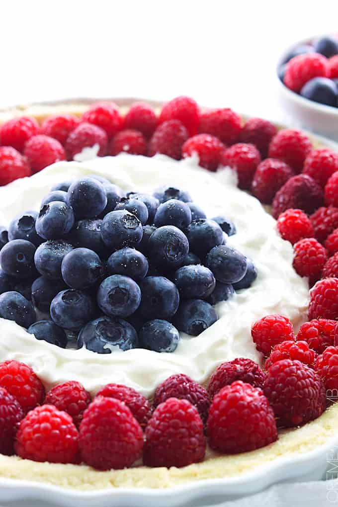 close up of mixed berry tart in a serving dish.