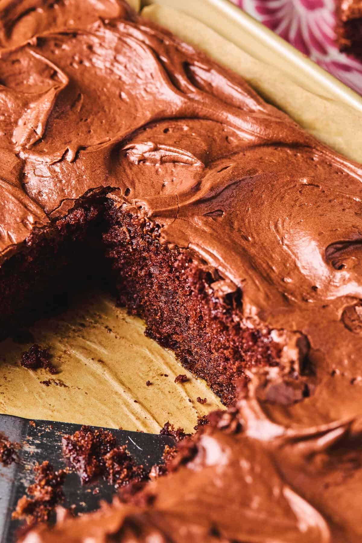 Close up of Dr. Pepper cake in a cake pan.
