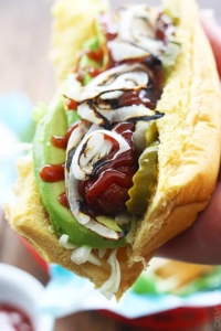 Best BBQ Hot Dogs with Avocado & Grilled Onions