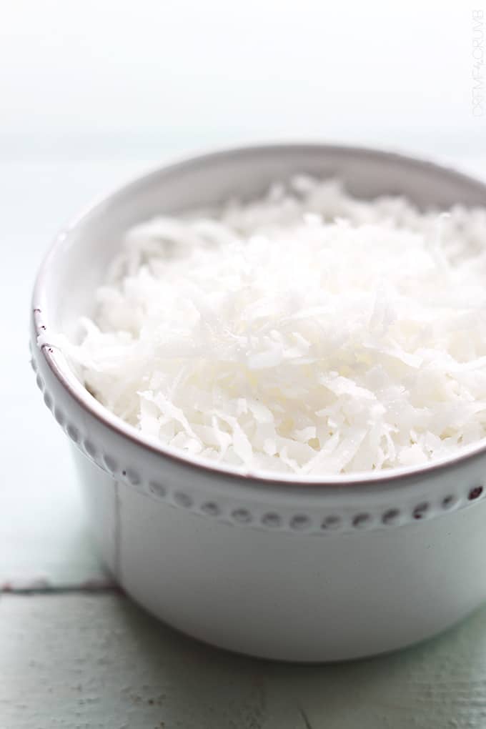 close up of a bowl of coconut shavings.