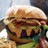 Western Bacon Burgers with BBQ Mayo and Crispy Fried Onions