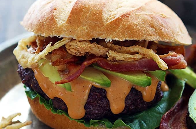 Western Bacon Burgers with BBQ Mayo and Crispy Fried Onions