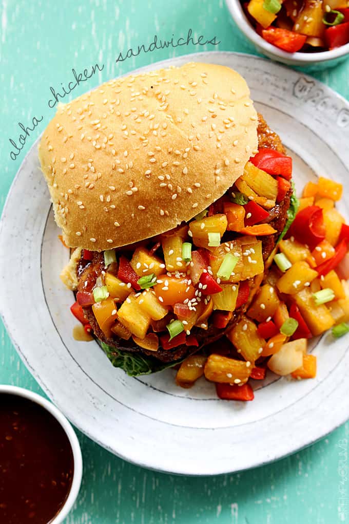 top view of an an aloha chicken sandwich on a plate with the title of the recipe written around the top left side of the plate.