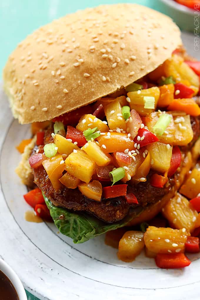 an aloha chicken sandwich on a plate.