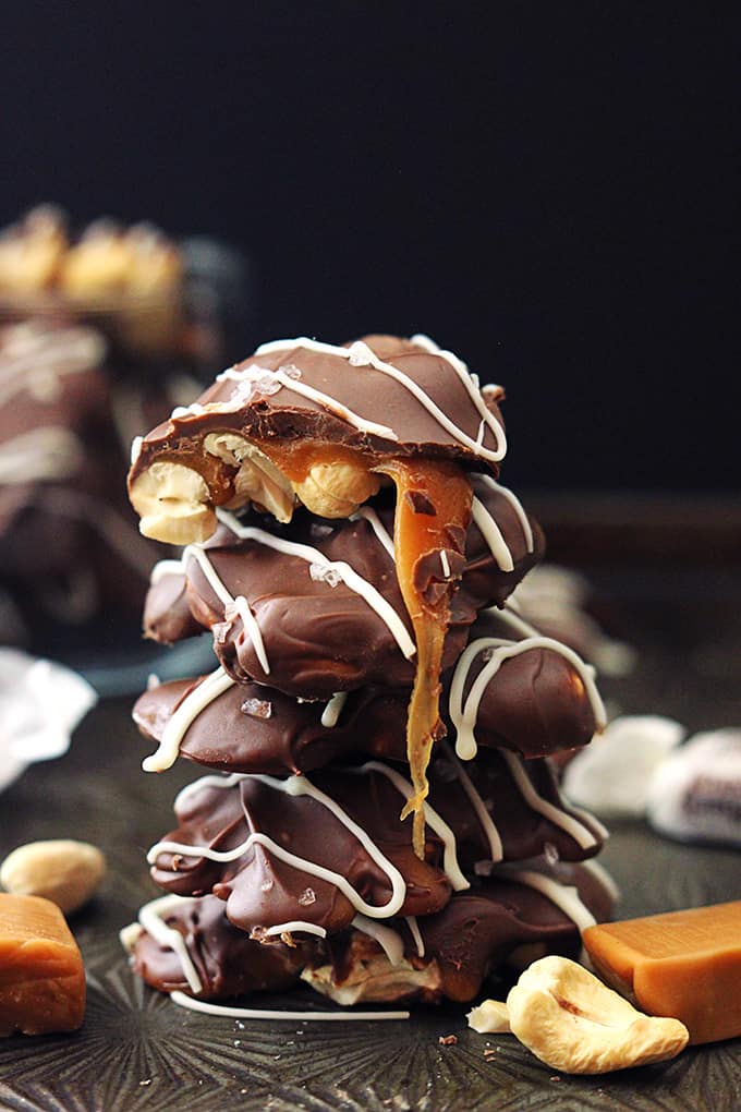 stacked caramel cashew clusters.
