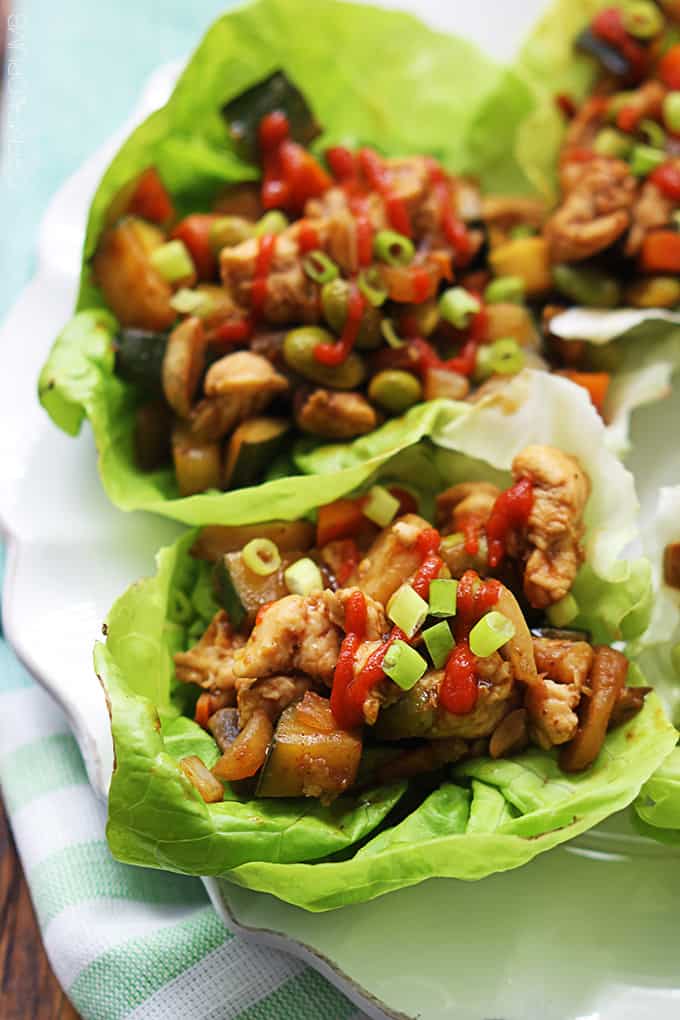 close up of Asian chicken lettuce wraps on a plate.