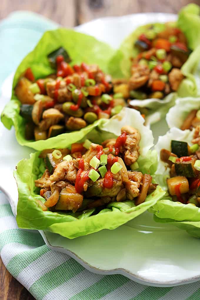 Asian chicken lettuce wraps on a plate.