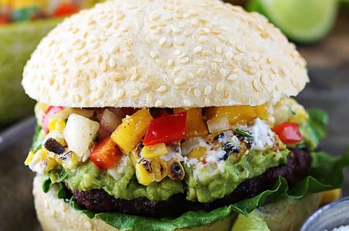 Guacamole Burgers with Mango Red Pepper Salsa