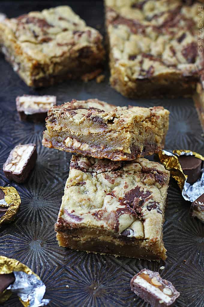 kerplunky bars with snicker candy bar pieces.