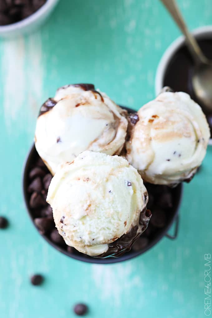 top view of hot fudge ripple mint chocolate chip ice cream cones in a metal tin full of chocolate chips.