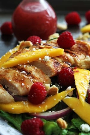 Raspberry Mango Chicken Cashew Salad