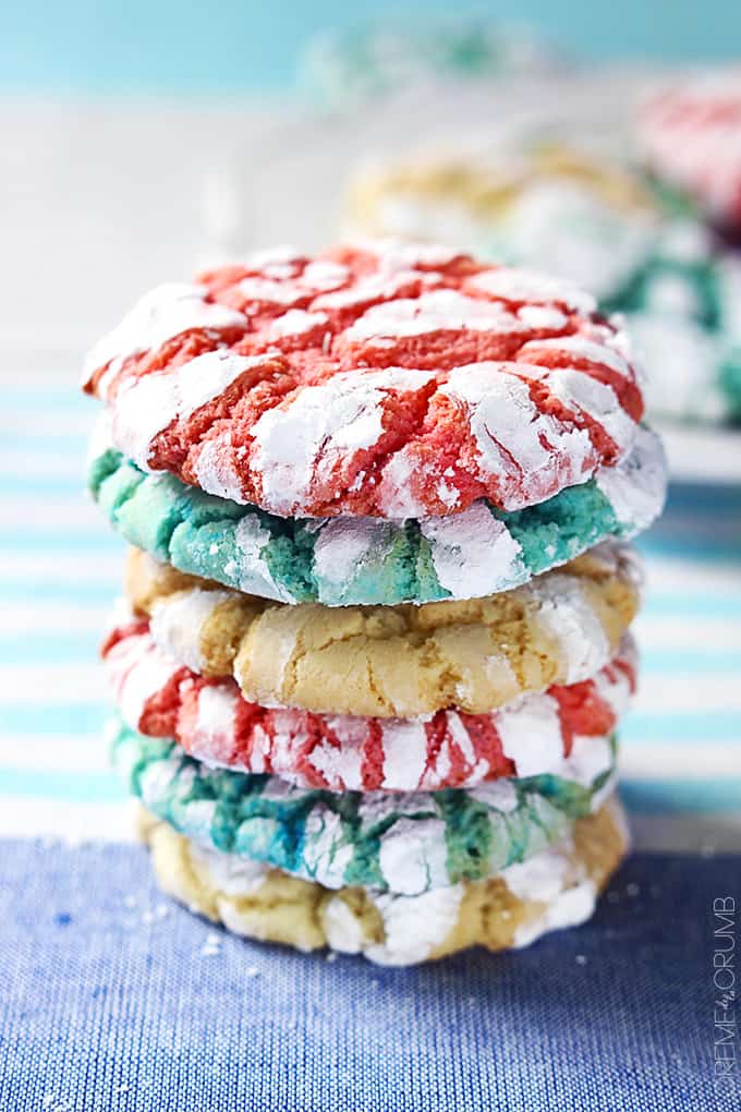 stacked red white + blue crinkle cookies.