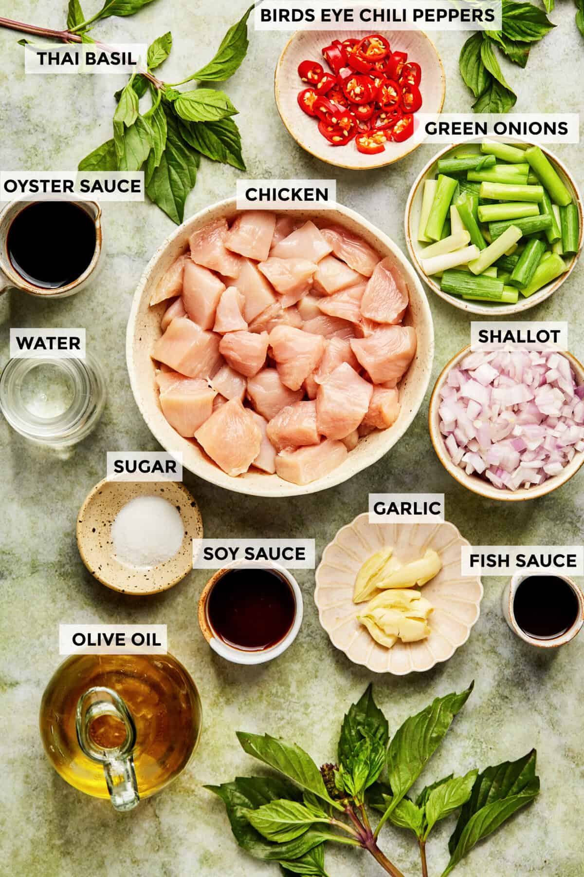 ingredients for thai basil chicken recipe.