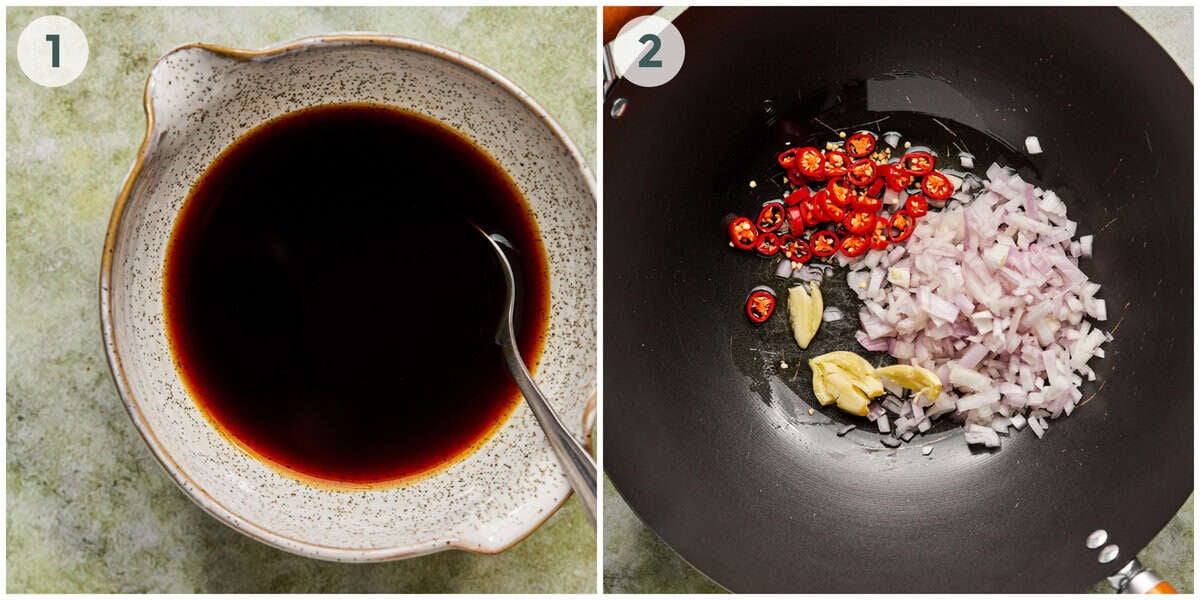 steps 1-2 for thai basil chicken recipe.
