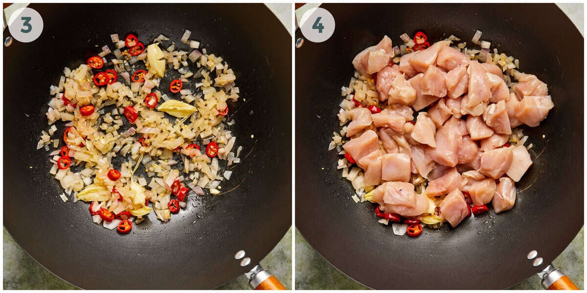 steps 3-4 for thai basil chicken recipe.