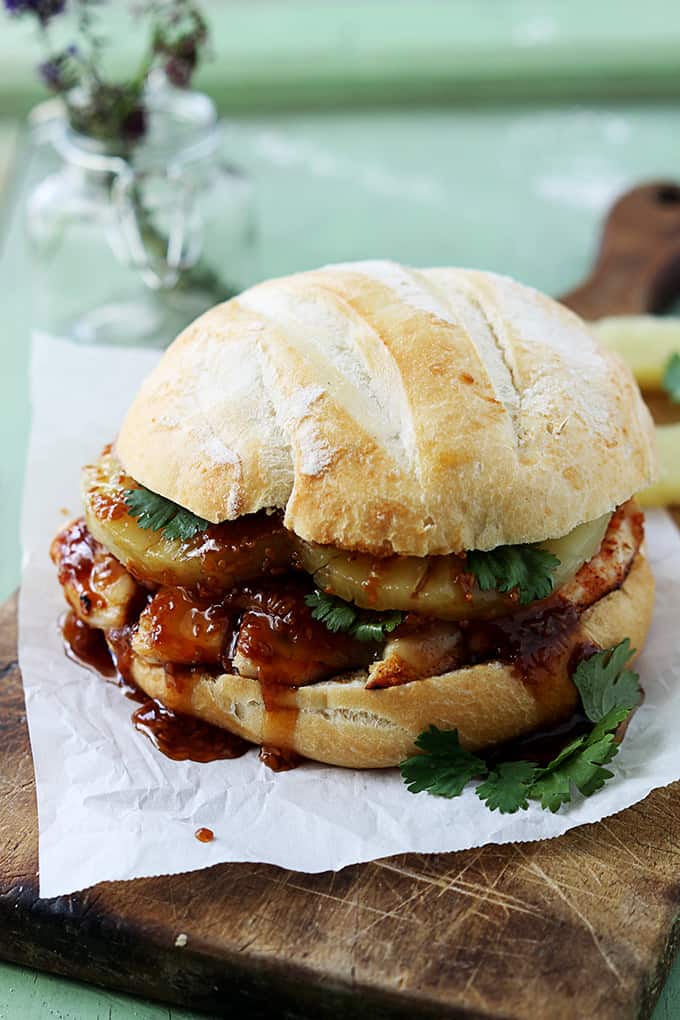 a Big Kahuna teriyaki sandwich on a wooden cutting board.