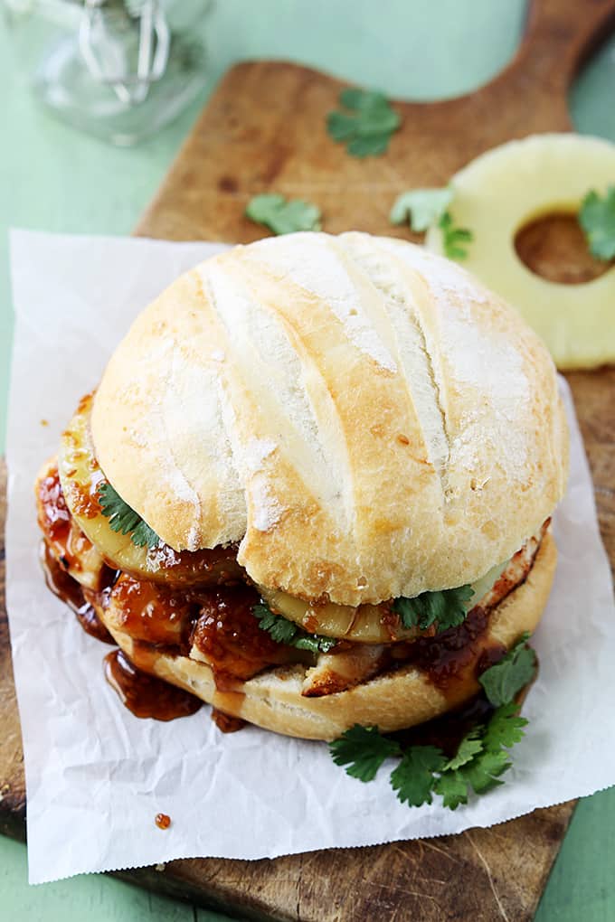 top view of a Big Kahuna teriyaki sandwich on a wooden cutting board.