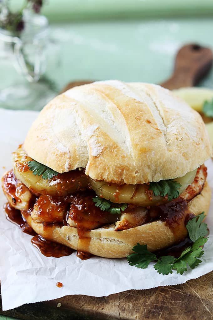 a Big Kahuna teriyaki sandwich on a wooden cutting board.