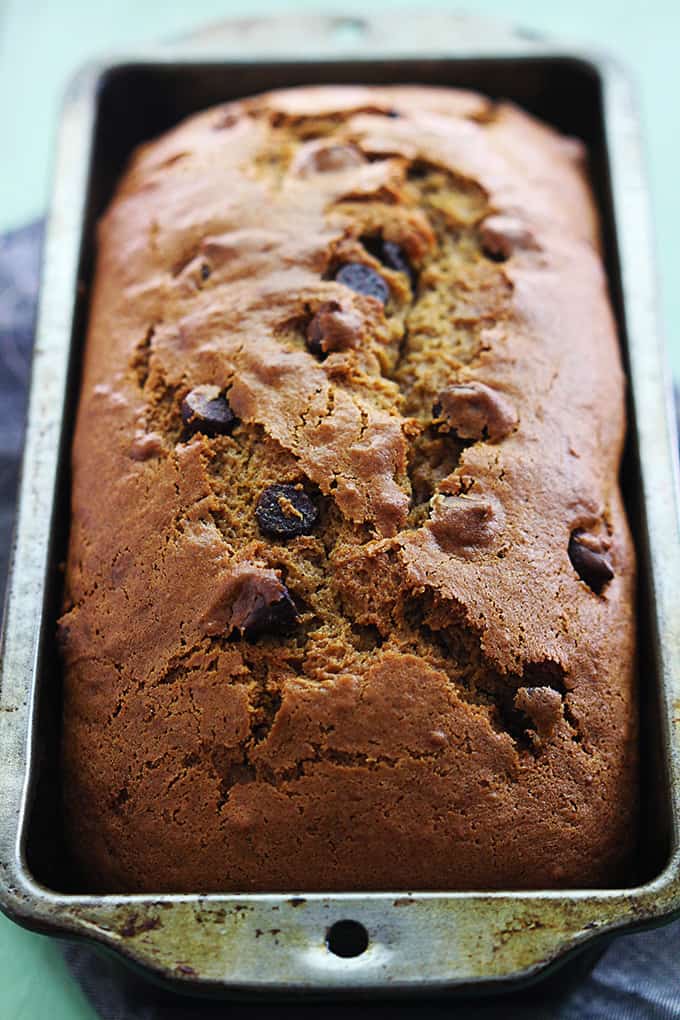 a loaf of browned butter chocolate chip pumpkin bread in a bread pan.