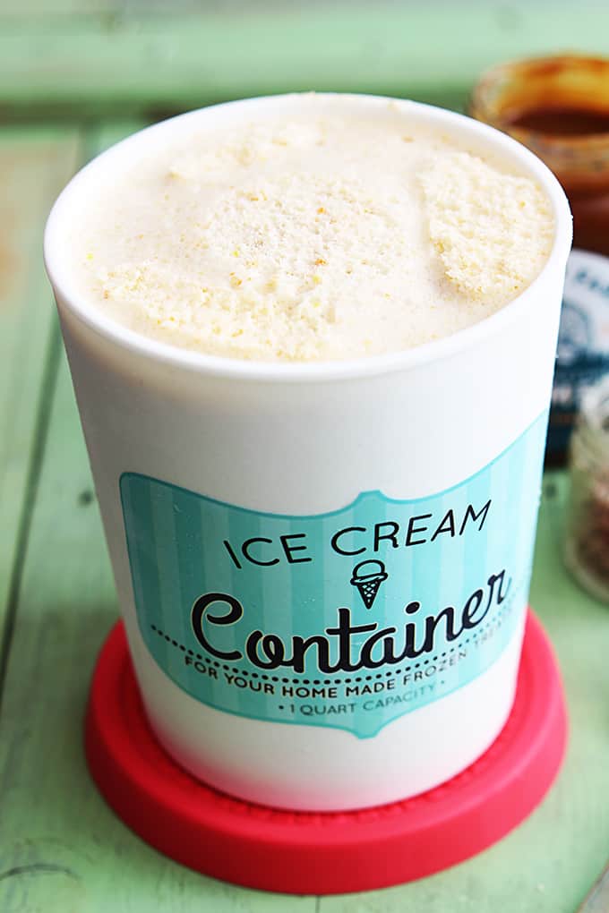 butterscotch ice cream in an ice ream container.