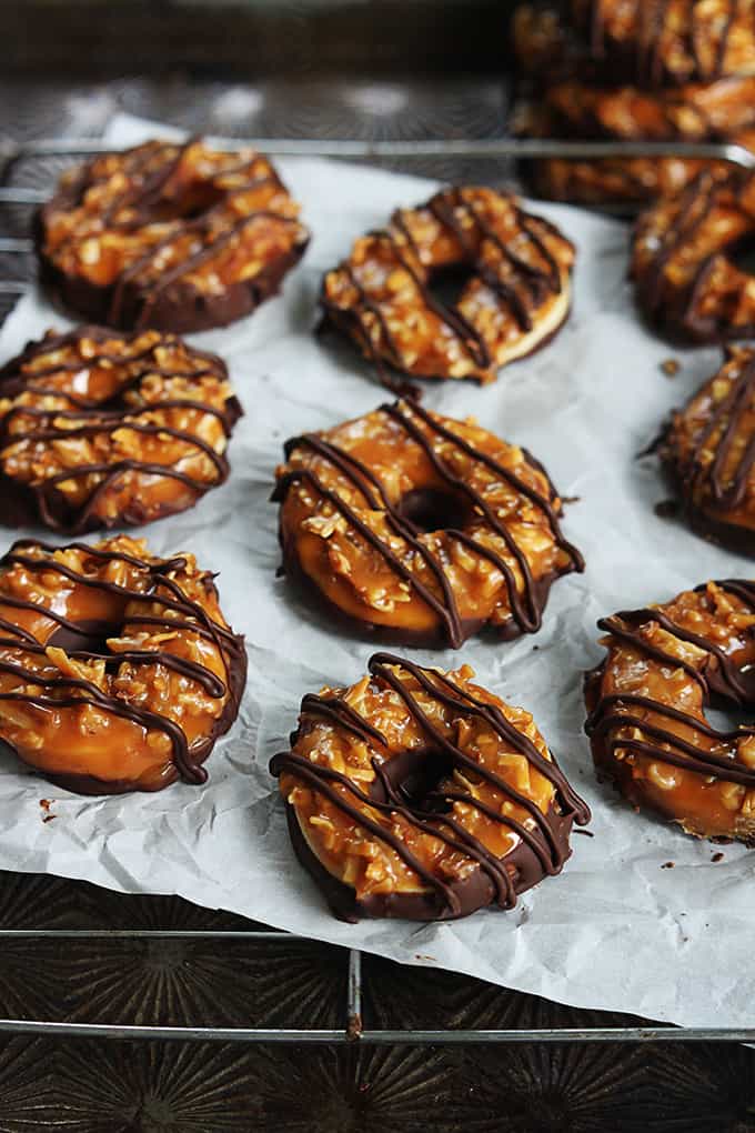 homemade Samoas on a cooling rack.